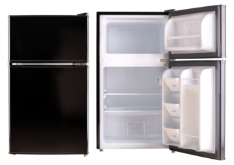 Refrigerator or fridge. 2 Door refrigerator with freezer for ice. Cold temperature. Cold storage. Fridge for grocery store fresh food. Kitchenware or kitchen appliance for freeze and cooling products.
