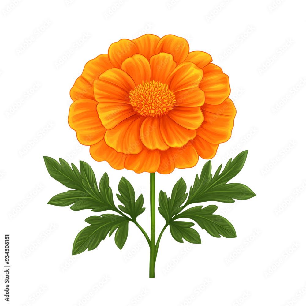 Canvas Prints Bright vector style marigold with vibrant orange petals and lush green leaves isolated on transparent background 