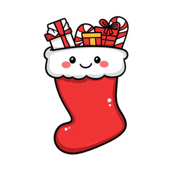 Cartoon Christmas stocking with a joyful face filled with candy canes and gifts isolated on a transparent background 