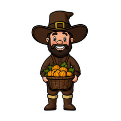 Cartoon pilgrim with a large buckle hat smiling and holding a harvest basket isolated on a transparent background 