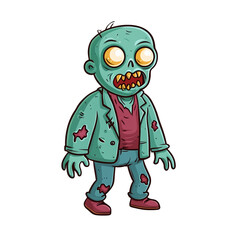 Cartoon zombie with torn clothes and a goofy walk looking friendly isolated on a transparent background 