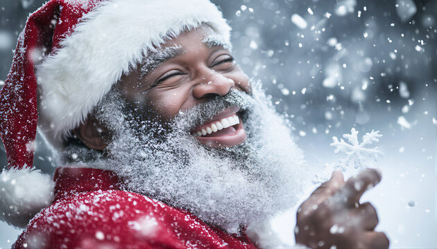 Papai Noel afro-americano rindo e dando flocos de neve