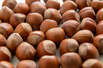 natural hazelnuts on white surface - close macro photo
