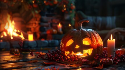 Smiling jack-o-lantern with glowing candlestick, surrounded by candles, and warm fireplace 