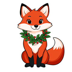 Friendly cartoon snow fox with a little wreath around its neck wagging its tail isolated on a transparent background 