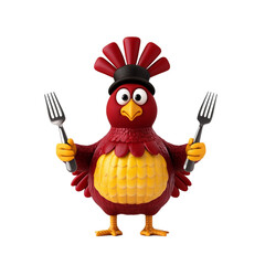 Funny cartoon pilgrim turkey nervously holding a fork and knife isolated on a transparent background 