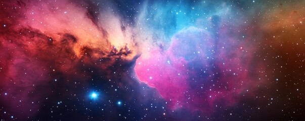 Fototapeta premium Brightly colored cosmic dust clouds in the Cat's Paw Nebula, nebula background, cosmic dust imagery