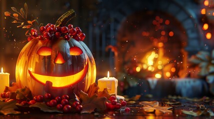 Obraz premium Smiling jack-o-lantern with glowing candlestick, surrounded by candles, and warm fireplace 