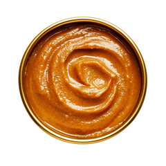 Hearty spiced pumpkin butter in a deep golden bowl top view isolated on transparent background 