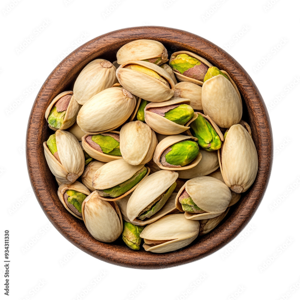 Wall mural Pistachios in rustic wooden bowl shells half opened top view isolated on transparent background 