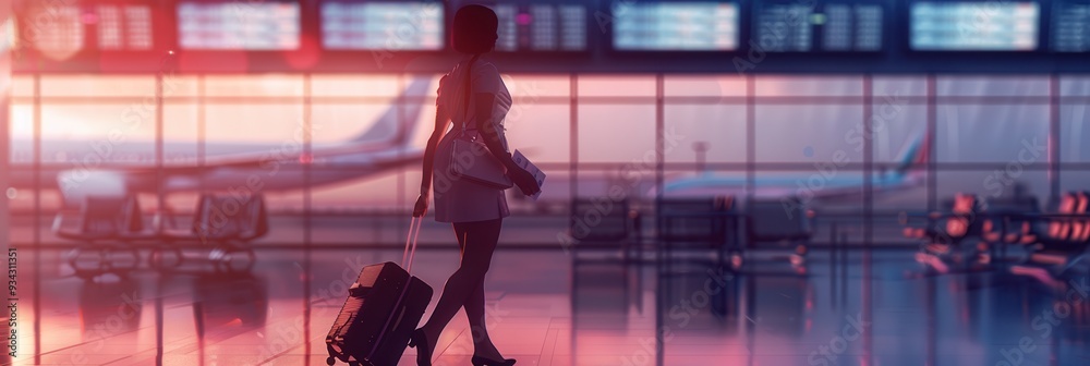 Poster a flight attendant is seen strolling through an airport terminal while pulling a suitcase, with a su