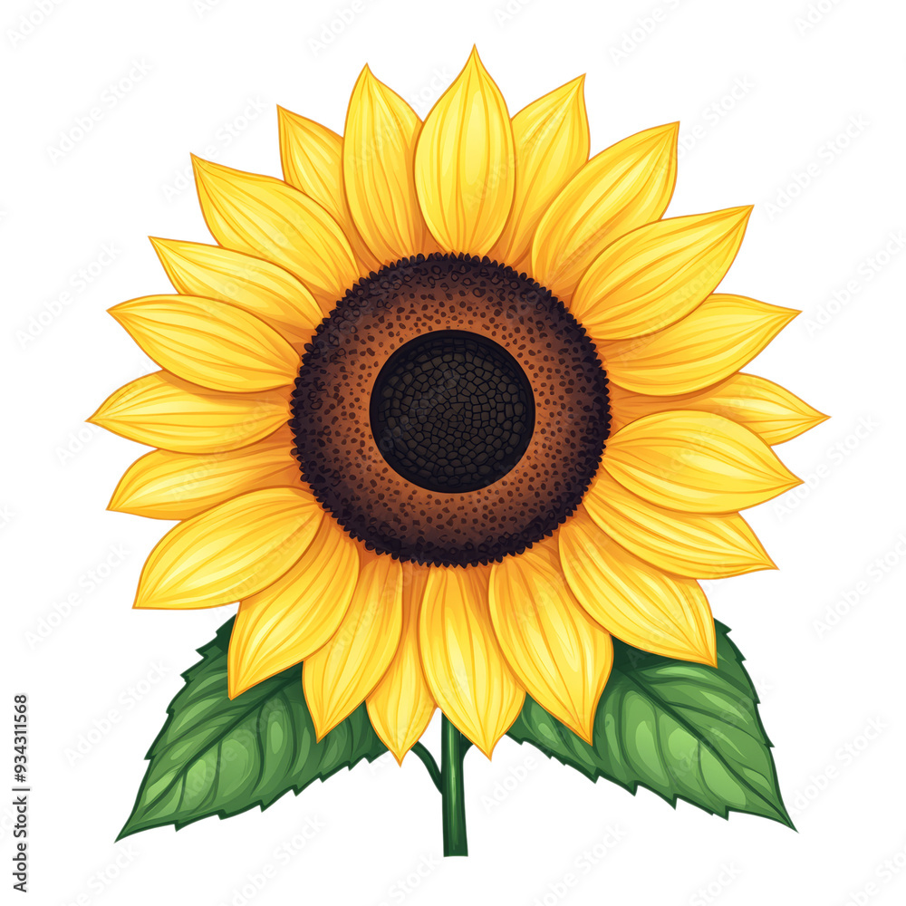 Sticker Radiant vector style sunflower with large golden petals and dark center isolated on transparent background 