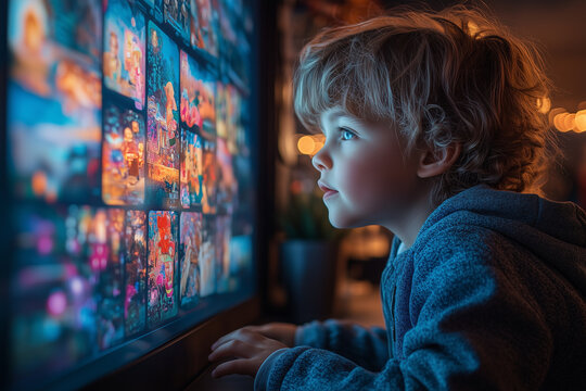 A child working on a digital storybook that teaches online safety lessons, with interactive illustrations and engaging visuals coming to life on the screen.
