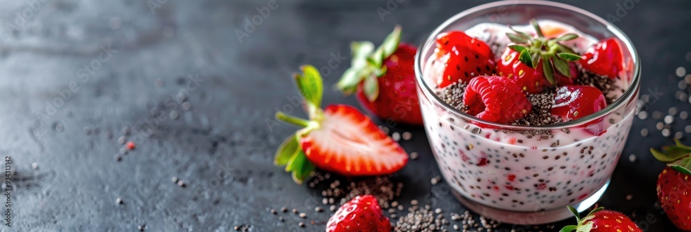 Wall mural healthy snack with strawberries, yogurt, chia seeds, and strawberry jelly, with area for your text.