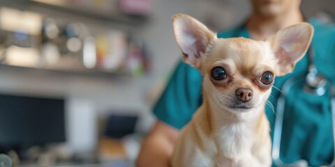 Veterinarian examines microchip in small dog during visit to animal clinic, helping to reunite a found pet with its owner.