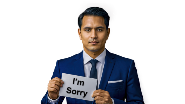 Man in a Suit Holding a Sign Expressing Apology Against a Transparent Background