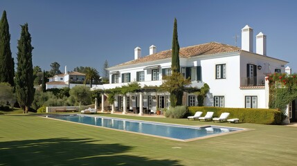 A white mediterranean villa with a pool, lush green trees, and a patio.