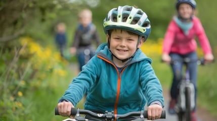 Obraz premium A young boy wearing a helmet smiles while riding his bike, with other cyclists in the background.