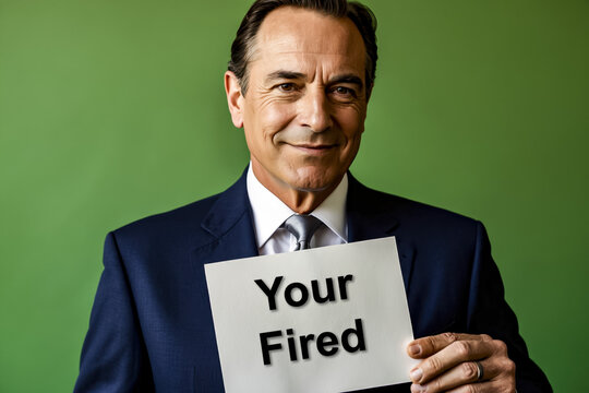 Businessman Holding a Sign With Your Fired Against a Green Background