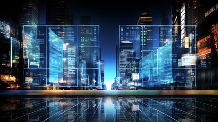 Urban wireframe interface with directional arrows in vibrant new york city at night