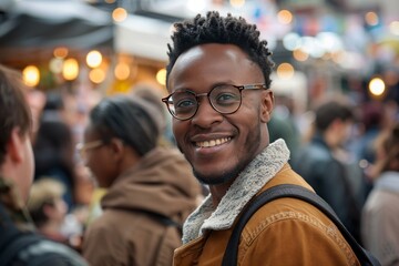 Fototapeta premium African American man smiling at an event, standing in the middle with other people talking to each other around him.