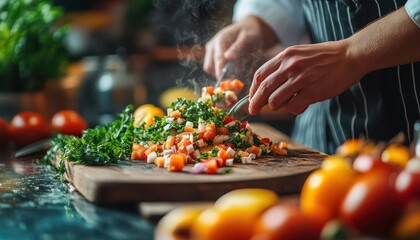 Cooking class with a chef instructing students, chopping, stirring, and tasting in a professional kitchen, Educational, Bright, Detailed