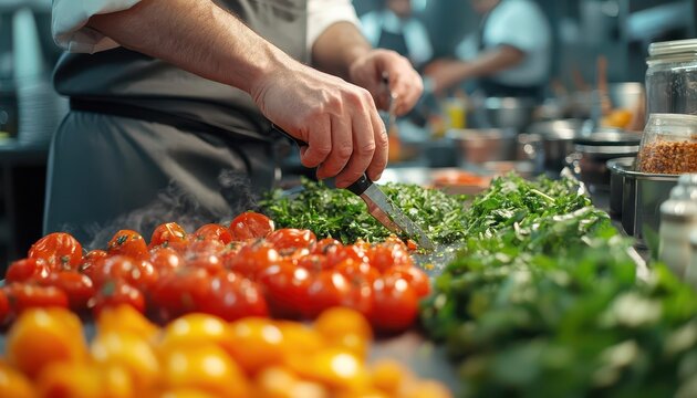 Cooking class with a chef instructing students, chopping, stirring, and tasting in a professional kitchen, Educational, Bright, Detailed