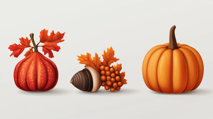 3D vector icon of an acorn, a rowan bunch, and a pumpkin, symbolizing the essence of fall. 