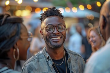 Obraz premium African American man smiling at an event, standing in the middle with other people talking to each other around him.