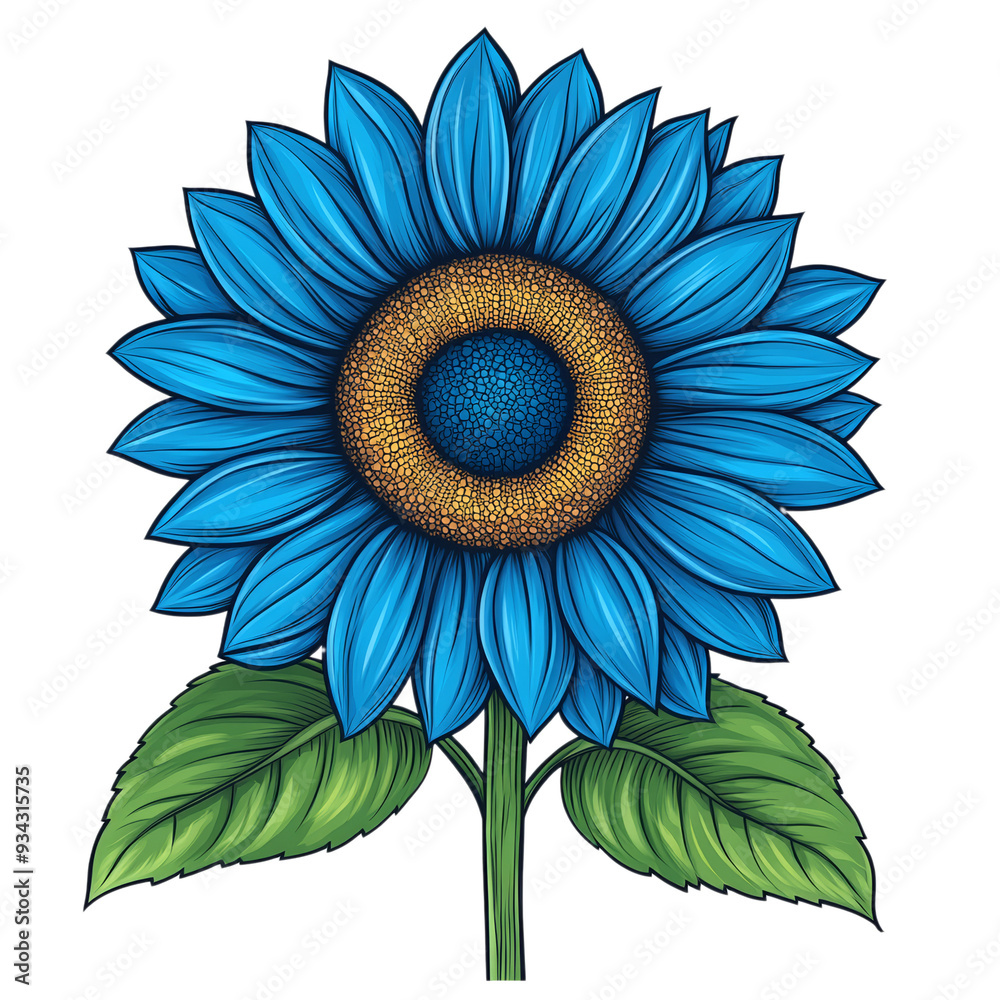 Wall mural Vector style electric blue sunflower with bold contrasting center isolated on transparent background 