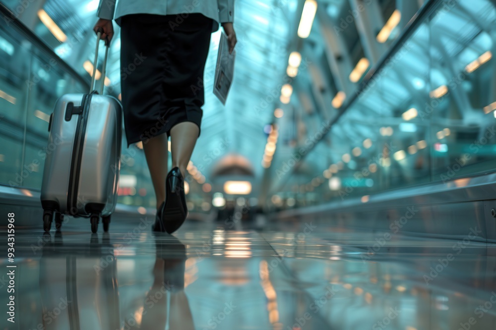 Poster a flight attendant strolls through an airport terminal, pulling a suitcase and carrying travel docum