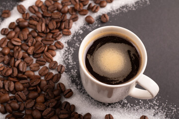 photography, espresso, bean, drink, closeup, sugar, brown, cafe, caffeine, cup, background, roasted, black, beverage, dark