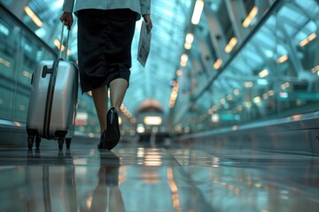 Fototapeta premium A flight attendant strolls through an airport terminal, pulling a suitcase and carrying travel documents as travelers bustle around. Generative AI