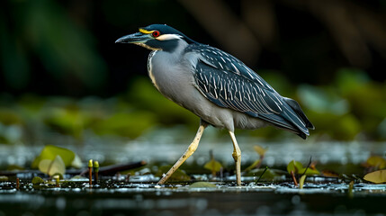 Amazon Black-crowned Night Heron standing in shallow water, its distinctive plumage and long legs visible