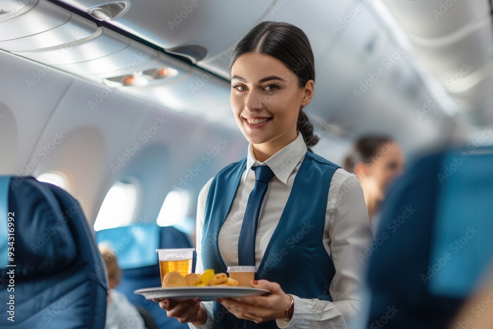 Poster a flight attendant smiles while offering snacks and drinks to passengers in an aircraft during a mid