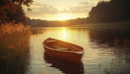 Fishing at a quiet lake, with a boat gently rocking and the sun setting in the background, Peaceful, Warm Tones, Wide Shot