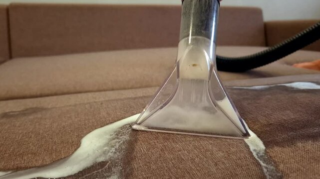 Cleaning upholstery with a powerful extractor in a cozy living room setting