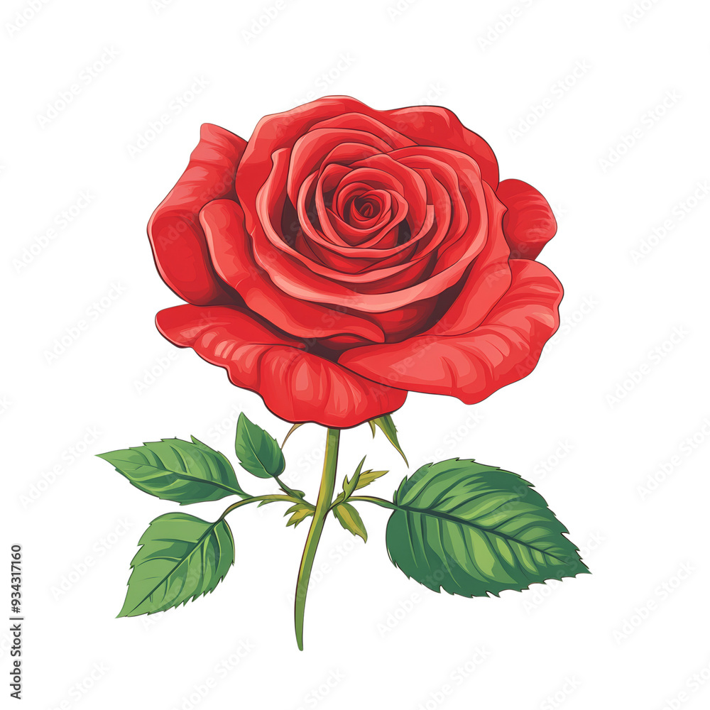 Sticker Vibrant vector style red rose with elegant petals and thorns isolated on transparent background 