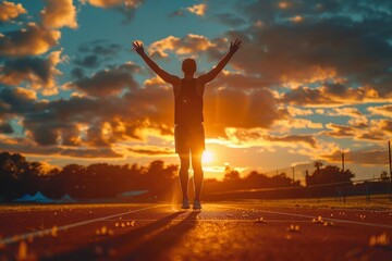 triumphant athlete, arms raised, silhouetted against a setting sun on a track field the glory of victory concept.