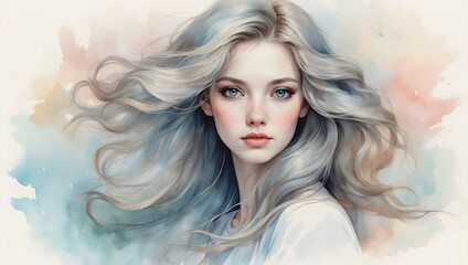 Aquarell - Portrait - junge Frau mit wehenden Haaren