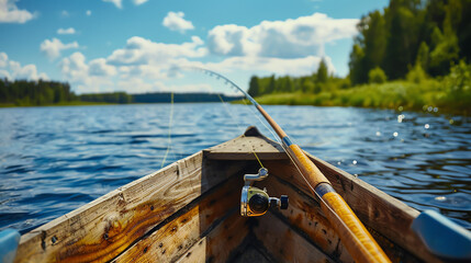 A wooden fishing boat with a fishing pole on the water.