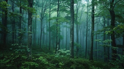 Fototapeta premium Misty Green Forest Dense Trees and Soft Light Create a Serene Landscape Perfect for Wallpaper