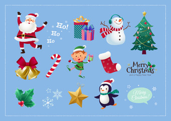 Cute flat illustration set of Christmas with hand drawn characters and festive design elements. Vector illustration for digital ad, poster, banner, printed media, branding and social media story