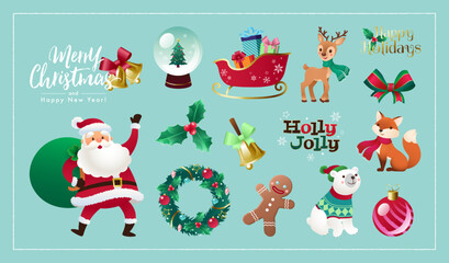 Cute flat illustration set of Christmas with hand drawn characters and festive design elements. Vector illustration for digital ad, poster, banner, printed media, branding and social media story