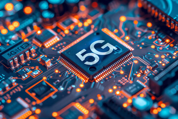 Obraz premium A close-up view of 5G computer chip illuminated on a circuit board. Generative AI.
