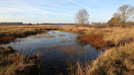 A calm river reflects a beautiful sky with clouds. Trees line the banks.