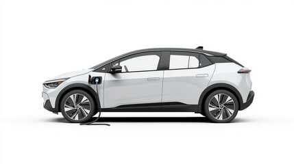 A hybrid electric vehicle plugged into a charging station, isolated on a crisp white background. 