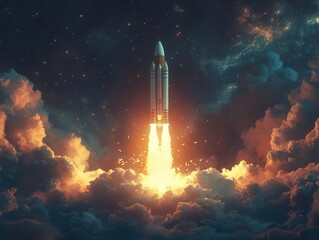Obraz premium Space exploration concept with a rocket launch, astronauts preparing for a mission, Futuristic, Cool Tones, Dramatic