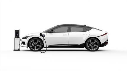 Fototapeta premium A hybrid electric vehicle plugged into a charging station, isolated on a crisp white background. 
