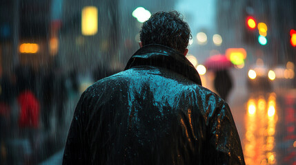 Obraz premium A man in a drenched jacket braves the heavy rain, heading into the storm during his journey.